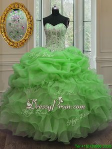 Spring Green Ball Gowns Organza Sweetheart Sleeveless Beading and Ruffles and Pick Ups Floor Length Lace Up Ball Gown Prom Dress