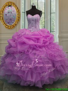 Enchanting Lilac Ball Gowns Organza Sweetheart Sleeveless Beading and Ruffles and Pick Ups Floor Length Lace Up Quince Ball Gowns