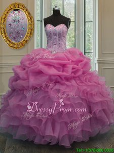Fitting Rose Pink Ball Gowns Beading and Ruffles and Pick Ups Quinceanera Dresses Lace Up Organza Sleeveless Floor Length