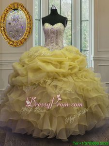 Yellow Sweetheart Lace Up Beading and Ruffles and Pick Ups Sweet 16 Quinceanera Dress Sleeveless