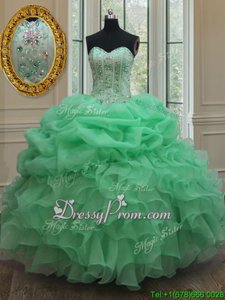 Free and Easy Apple Green Strapless Neckline Beading and Ruffles and Pick Ups Quinceanera Gown Sleeveless Lace Up