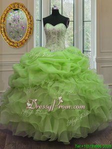 Artistic Spring Green Ball Gowns Beading and Pick Ups Quince Ball Gowns Lace Up Organza Sleeveless Floor Length
