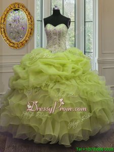 Glittering Yellow Green Sweetheart Lace Up Beading and Pick Ups Quinceanera Gown Sleeveless
