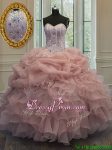 Traditional Ball Gowns 15th Birthday Dress Baby Pink Sweetheart Organza Sleeveless Floor Length Lace Up