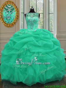 Sumptuous Apple Green Organza Lace Up Scoop Sleeveless Floor Length Quinceanera Gown Beading and Pick Ups