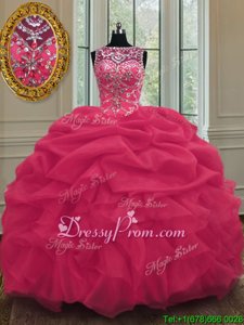 Dazzling Coral Red Sleeveless Floor Length Beading and Pick Ups Lace Up 15 Quinceanera Dress