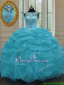 Fabulous Scoop Sleeveless Quinceanera Gown Floor Length Beading and Pick Ups Baby Blue Organza