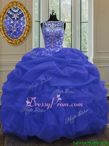 Sexy Scoop Sleeveless Quinceanera Dresses Floor Length Beading and Pick Ups Blue Organza