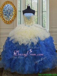 Latest Blue And White Sleeveless Beading and Ruffles Floor Length Sweet 16 Dress