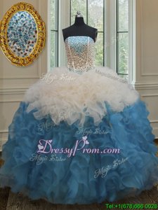 Luxury Blue And White Sleeveless Organza Side Zipper 15th Birthday Dress forMilitary Ball and Sweet 16 and Quinceanera
