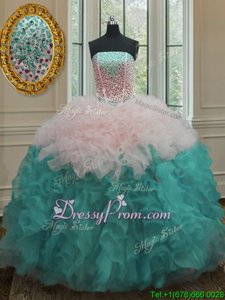 High End Blue And White Ball Gowns Strapless Sleeveless Organza Floor Length Lace Up Beading and Ruffles Sweet 16 Quinceanera Dress