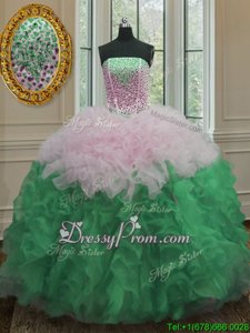 Deluxe White and Green Quinceanera Dresses Military Ball and Sweet 16 and Quinceanera and For withBeading and Ruffles Strapless Sleeveless Lace Up