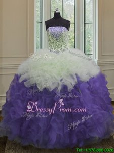 Sweet White And Purple Organza Lace Up Strapless Sleeveless Floor Length Ball Gown Prom Dress Beading and Ruffles
