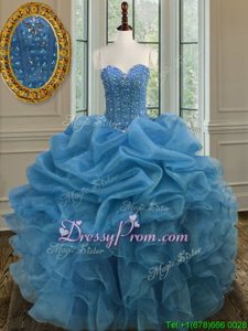 Hot Sale Beading and Ruffles 15 Quinceanera Dress Blue Lace Up Sleeveless Floor Length