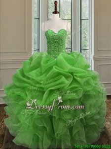 Top Selling Spring Green Lace Up Sweetheart Beading and Ruffles Sweet 16 Dresses Organza Sleeveless
