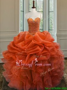 Gorgeous Orange Lace Up Sweetheart Beading and Ruffles Quinceanera Gown Organza Sleeveless