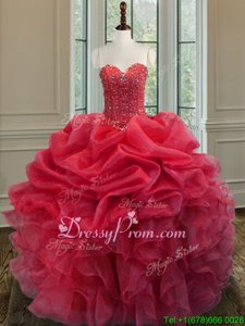 Affordable Sleeveless Floor Length Beading and Ruffles Lace Up Quinceanera Gown with Coral Red