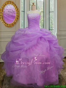 Customized Sleeveless Organza Floor Length Lace Up Quinceanera Dress inLilac forSpring and Summer and Fall and Winter withEmbroidery and Pick Ups