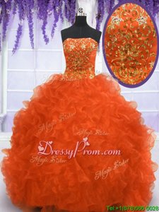 Delicate Beading and Appliques and Ruffles Sweet 16 Dress Orange Lace Up Sleeveless With Brush Train