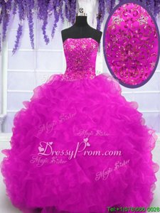 Luxurious Fuchsia Strapless Neckline Beading and Appliques and Ruffles 15 Quinceanera Dress Sleeveless Lace Up