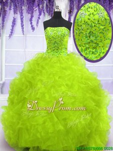 Sophisticated Yellow Green Organza Lace Up Strapless Sleeveless With Train 15 Quinceanera Dress Brush Train Beading and Appliques and Ruffles