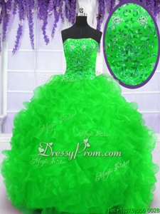 Fashion With Train Spring Green Vestidos de Quinceanera Strapless Sleeveless Brush Train Lace Up
