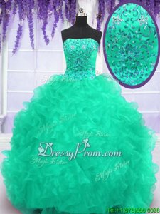 Customized With Train Lace Up Quinceanera Dresses Turquoise and In forMilitary Ball and Sweet 16 and Quinceanera withBeading and Appliques and Ruffles Brush Train