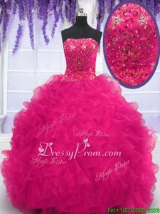Fashionable With Train Lace Up 15 Quinceanera Dress Fuchsia and In forMilitary Ball and Sweet 16 and Quinceanera withBeading and Ruffles Brush Train