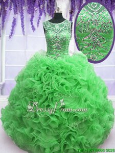 Comfortable Green Sleeveless Organza Lace Up Vestidos de Quinceanera forMilitary Ball and Sweet 16 and Quinceanera