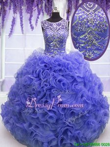 Fashion Purple Organza Lace Up Quinceanera Dress Sleeveless Floor Length Beading and Ruffles