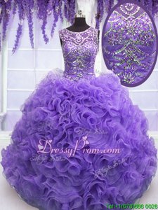 On Sale Lavender Organza Lace Up Vestidos de Quinceanera Sleeveless Floor Length Beading and Ruffles
