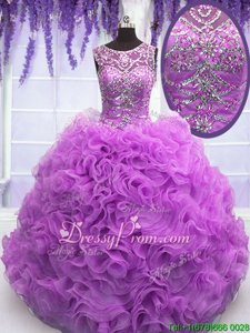 Dazzling Lilac Quinceanera Gowns Military Ball and Sweet 16 and Quinceanera and For withBeading and Ruffles Scoop Sleeveless Lace Up