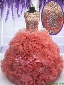 Pretty Coral Red Sleeveless Floor Length Beading and Ruffles Lace Up 15 Quinceanera Dress