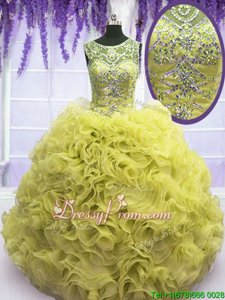 Glamorous Floor Length Yellow Sweet 16 Dress Organza Sleeveless Spring and Summer and Fall and Winter Beading and Ruffles