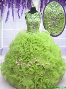 Pretty Spring Green Ball Gowns Organza Scoop Sleeveless Beading and Ruffles Floor Length Lace Up Sweet 16 Dresses
