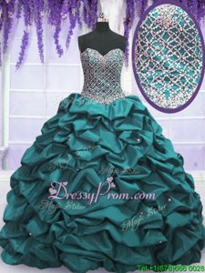 Hot Selling Floor Length Lace Up Quinceanera Dresses Teal and In forMilitary Ball and Sweet 16 and Quinceanera withBeading and Sequins and Pick Ups