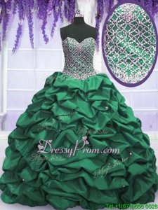Cheap Dark Green Ball Gowns Beading and Sequins and Pick Ups Quinceanera Gown Lace Up Taffeta Sleeveless Floor Length