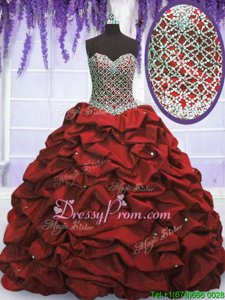 High End Wine Red Lace Up Sweetheart Beading and Sequins and Pick Ups 15 Quinceanera Dress Taffeta Sleeveless