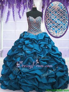 Adorable Sleeveless Floor Length Beading and Sequins and Pick Ups Lace Up Quince Ball Gowns with Blue