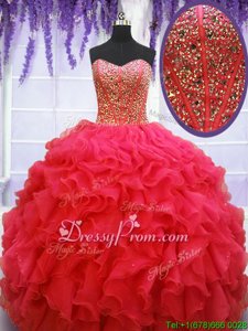 Free and Easy Coral Red Sleeveless Floor Length Beading and Ruffles Lace Up 15th Birthday Dress