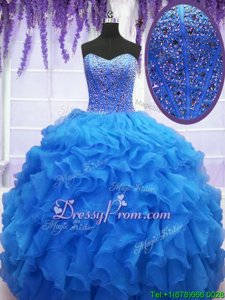 Cheap Organza Sweetheart Sleeveless Lace Up Beading and Ruffles Sweet 16 Dress inRoyal Blue