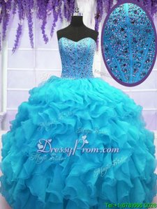 Sophisticated Organza Sweetheart Sleeveless Lace Up Beading and Ruffles Quince Ball Gowns inBaby Blue
