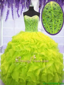 Flare Sweetheart Sleeveless Quince Ball Gowns Floor Length Beading and Ruffles Yellow Green Organza