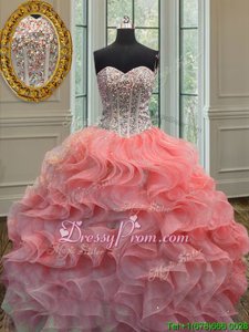 Modest Spring and Summer and Fall and Winter Organza Sleeveless Floor Length Sweet 16 Quinceanera Dress andBeading and Ruffles