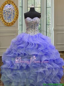 Ideal Beading and Ruffles Quinceanera Dresses Lavender Lace Up Sleeveless Floor Length