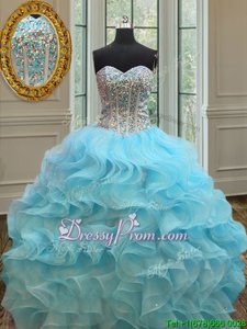 Dynamic Baby Blue Ball Gowns Sweetheart Sleeveless Organza Floor Length Lace Up Beading and Ruffles Vestidos de Quinceanera
