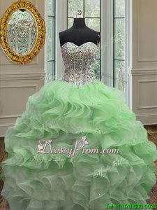 Luxury Sweetheart Sleeveless Sweet 16 Dress Floor Length Beading and Ruffles Spring Green Organza