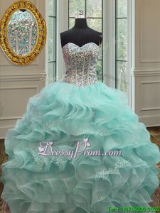 Super Apple Green Ball Gowns Beading and Ruffles Quinceanera Gown Lace Up Organza Sleeveless Floor Length