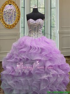 Eye-catching Lilac Ball Gowns Sweetheart Sleeveless Organza Floor Length Lace Up Beading and Ruffles 15th Birthday Dress