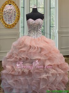 Fantastic Peach Sweetheart Lace Up Beading and Ruffles 15th Birthday Dress Sleeveless